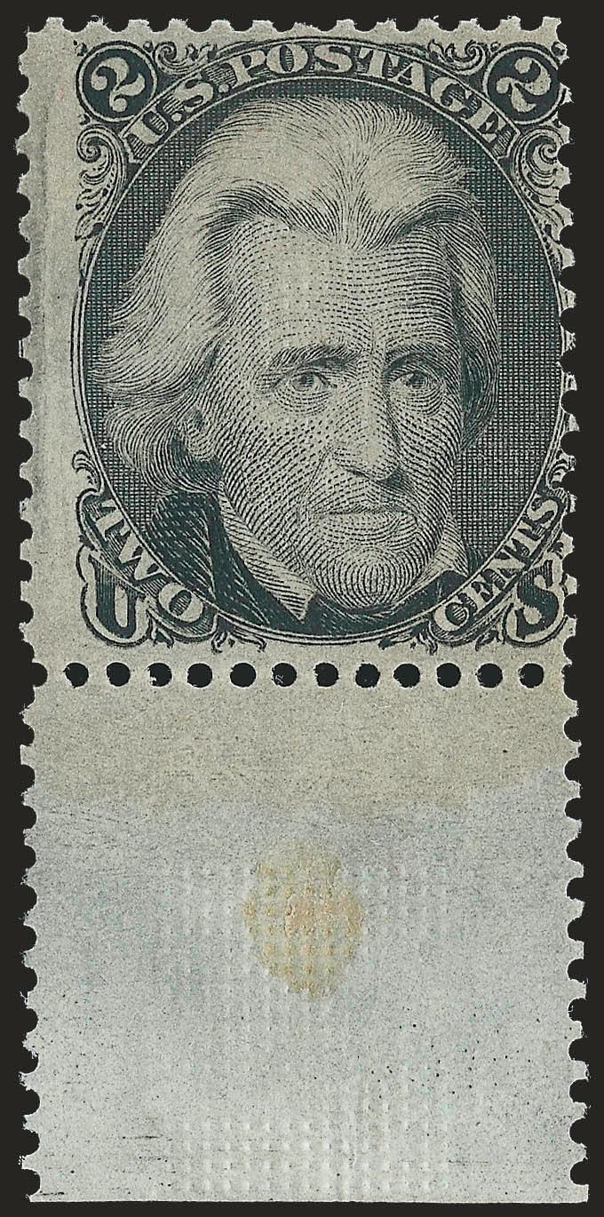 2c Black, D. Grill (84).> Bottom sheet margin, original gum, clear and sharp grill points with second impression of grill in selvage, centered to right<><>^VERY GOOD. A RARE AND PRESENTABLE ORIGINAL-GUM EXAMPLE
OF THE 1868 2-CENT D GRILL.^<><>It