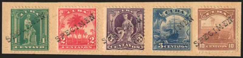 1899, 1c-10c Republic Issues, Specimen Overprints (227S-231S).> Each stamp tied on piece by large Specimen handstamp, stamps hinged in place, rich colors, Fine-Very Fine, scarce, this type of Specimen handstamp
was used for the 1900 Paris Exhib