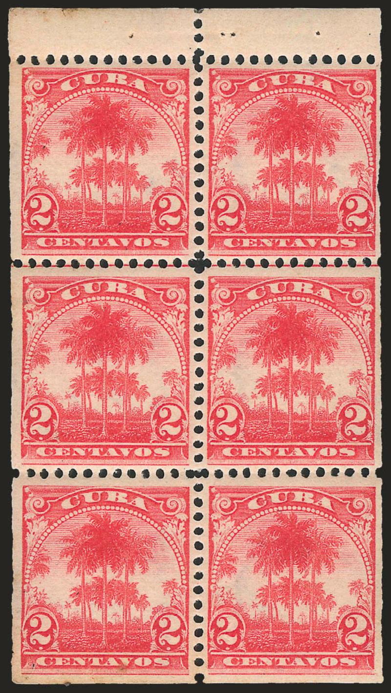 1899, 2c Carmine, Booklet Pane of Six (228b).> Tropicalized original gum, bright color, small adherence on gum at bottom right<><>^VERY FINE. A VERY RARE AND SELDOM-OFFERED BOOKLET PANE.^<><>We have only offered
one other intact pane since keepin