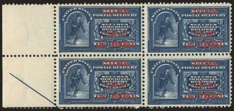 1899, 10c on 10c Blue, Special Delivery (E1).> Mint N.H. left selvage block of four with part arrow, intense shade and impression, well-balanced margins, Very Fine and choice, Scott Retail as hinged