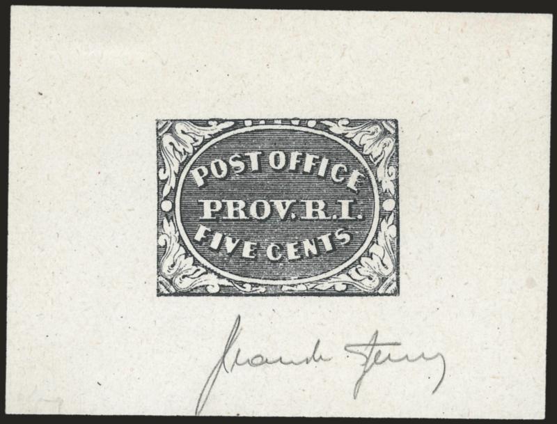 Providence R.I., 5c Gray Black, Sperati Forgery (10X1 var).> Printed on 63 x 47mm thin card, signed below design and with Sperati 43 Reproduction backstamp, Very Fine, unusual item