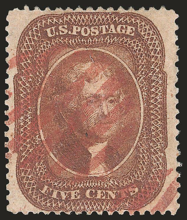 5c Orange Brown, Ty. II (30).> Well-centered, deep shade, attractive brown red grid cancel, expertly reperfed at left, Very Fine and choice appearance