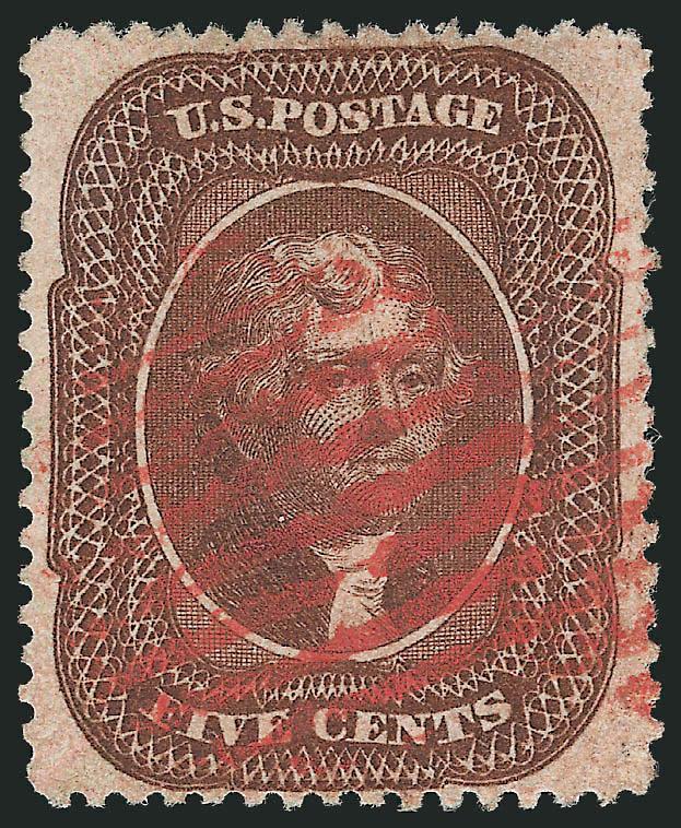 5c Brown, Ty. II (30A).> Well-centered with wide side margins, rich color, <red grid> cancel, Extremely Fine, with 2005 P.S.E. certificate (XF 90 SMQ $890.00)