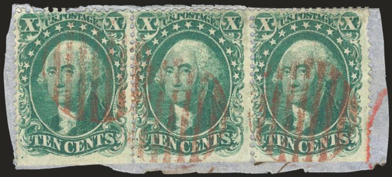 10c Green, Ty. I (31).> Horizontal strip of three, tied on small piece by <brown red grids,> perfs trimmed, end stamps small margin faults, about Fine centering, rare multiple