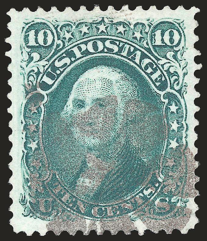 10c Yellow Green, TAG Double Transfer (68 var).> Rich color on bright paper, cork cancel at bottom leaves the double transfer clearly visible, Jumbo margins, Extremely Fine, with 2000 P.F. and 2007 P.S.E.
certificates (XF 90 Jumbo SMQ $200.00 as 9