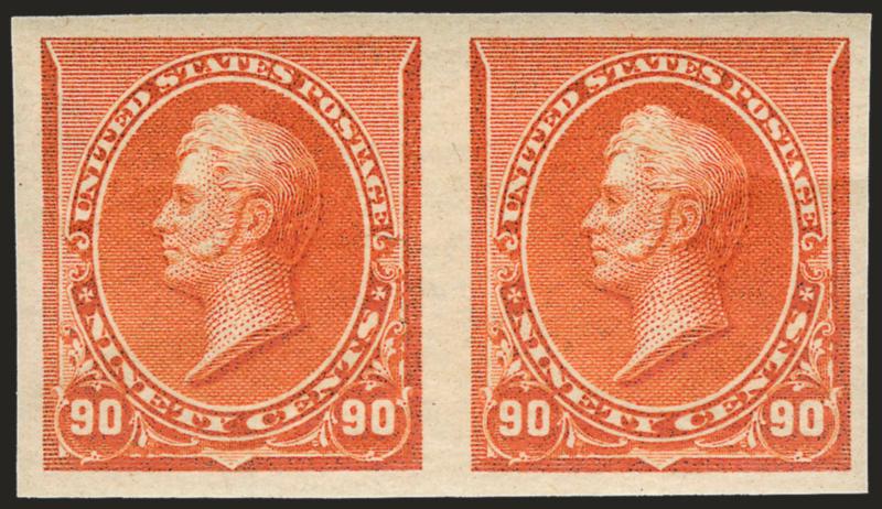 90c Orange, Imperforate (229a).> Mint N.H. horizontal pair, large to huge margins, magnificent vivid color, Extremely Fine, with 2007 P.F. certificate, Scott Retail as hinged