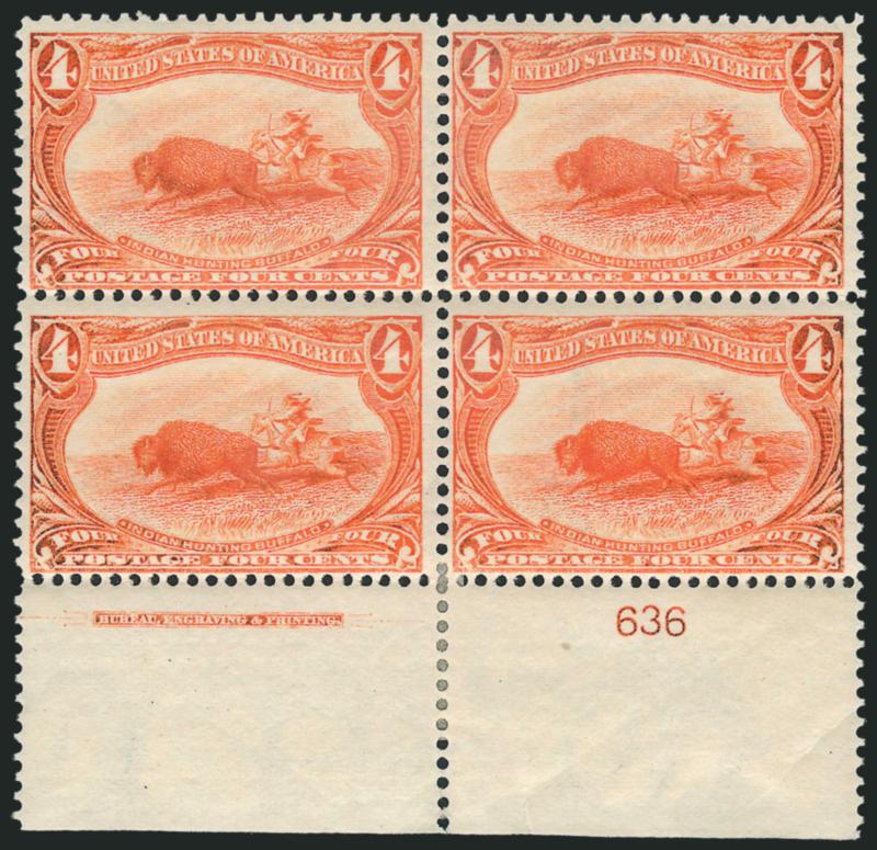4c Trans-Mississippi (287).> Bottom imprint and plate no. 636 block of four, original gum, small h.r. at bottom, some slight oxidation, natural paper crease affects top left stamp, Fine