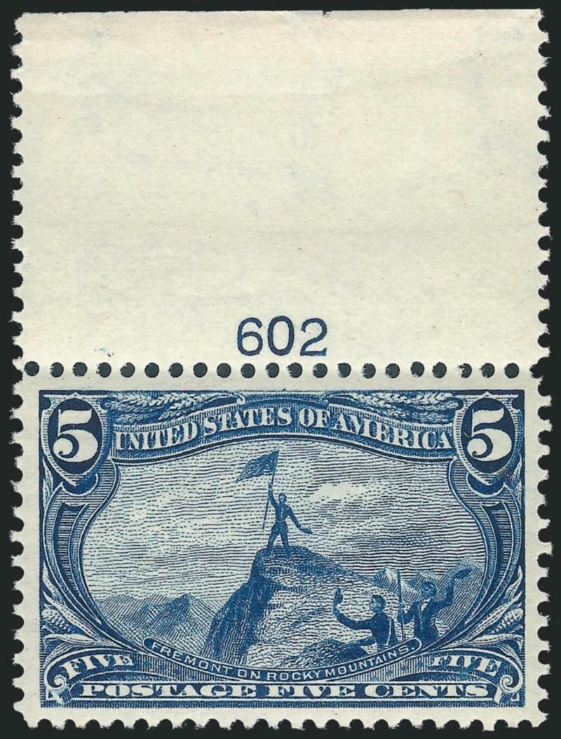 5c Trans-Mississippi (288).> Mint N.H. with wide top plate no. 602 selvage, handsome centering, beautiful color and impression on crisp white paper, Extremely Fine, with 2009 P.S.E. certificate (XF 90 SMQ
$800.00)