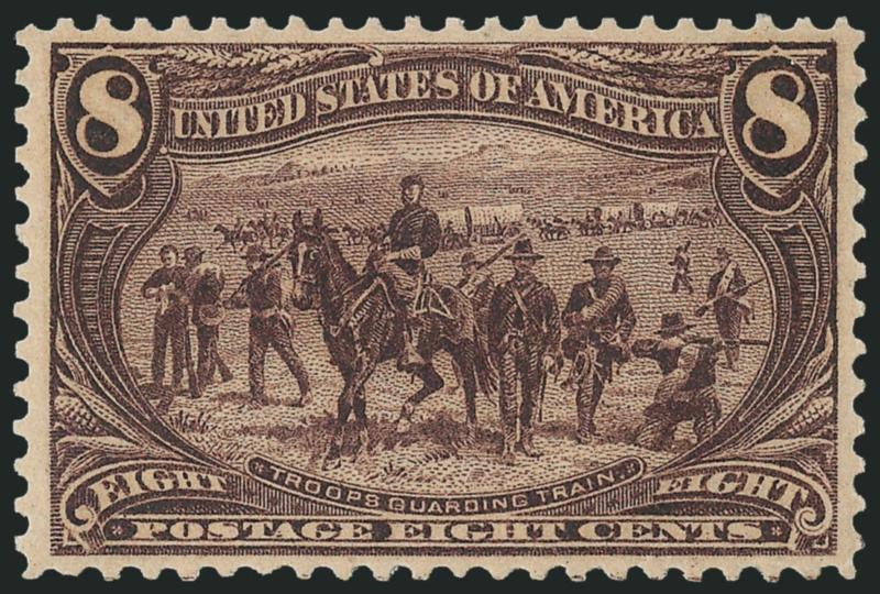 8c Trans-Mississippi (289).> Mint N.H., exceptional centering for this difficult Trans-Mississippi denomination, strong color and detailed impression, Extremely Fine, with 2009 P.S.E. certificate (XF 90 SMQ
$1,400.00)