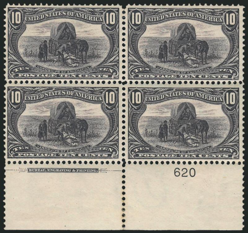 10c Trans-Mississippi (290).> Bottom imprint and plate no. 620 block of four, original gum, lightly hinged, lovely dark shade and proof-like impression, choice centering, some rejoined perfs in selvage,
otherwise Very Fine